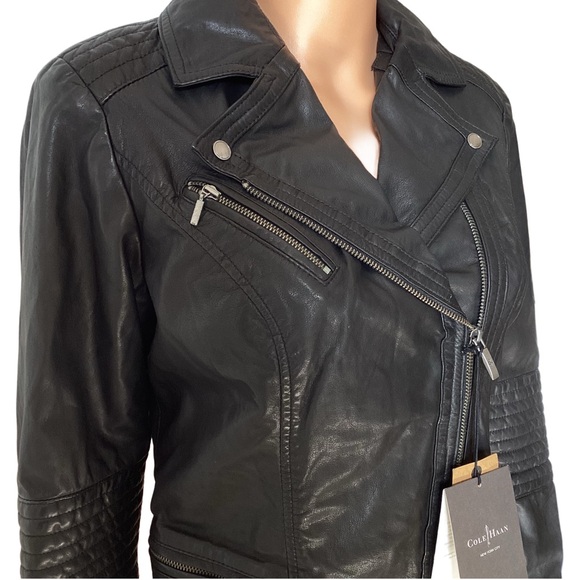 NWT Cole Haan Black Leather Moto Jacket Medium - Picture 4 of 14